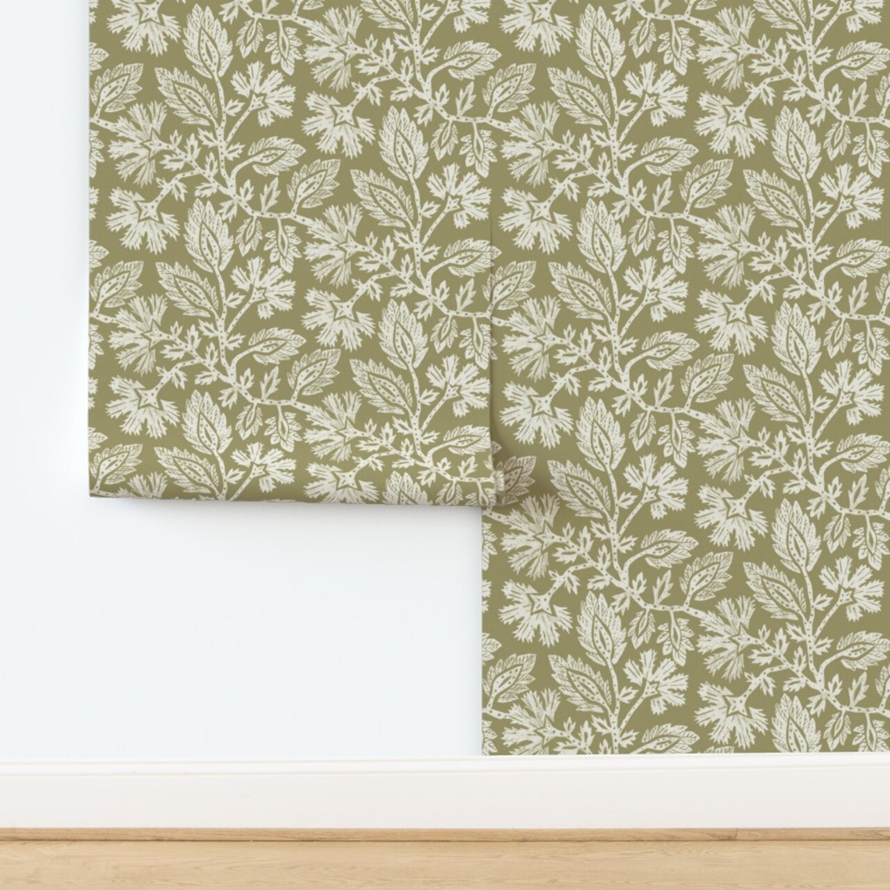 Green Block Print Botanical Flowers Hand Drawn Vines Traditional Bohemian Custom Pre-pasted Wallpaper by Spoonflower Pre-Pasted Wallpaper 2FT Wide